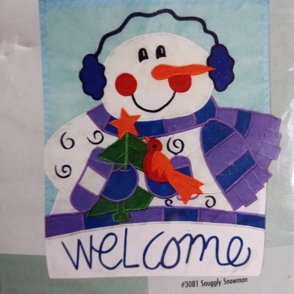 Large Snowman Welcome Applique Flag #3081 Snuggly Snowman - Picture 1 of 9